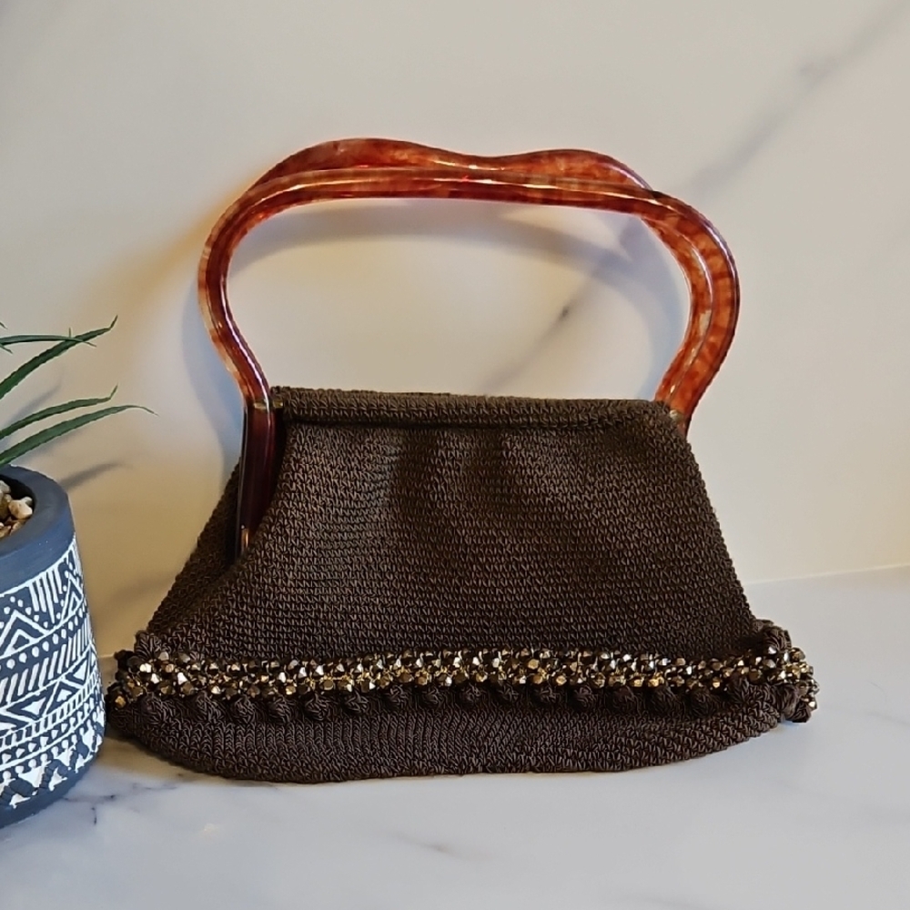 Chic Brown Beaded Women's Shoulder Vintage Bag